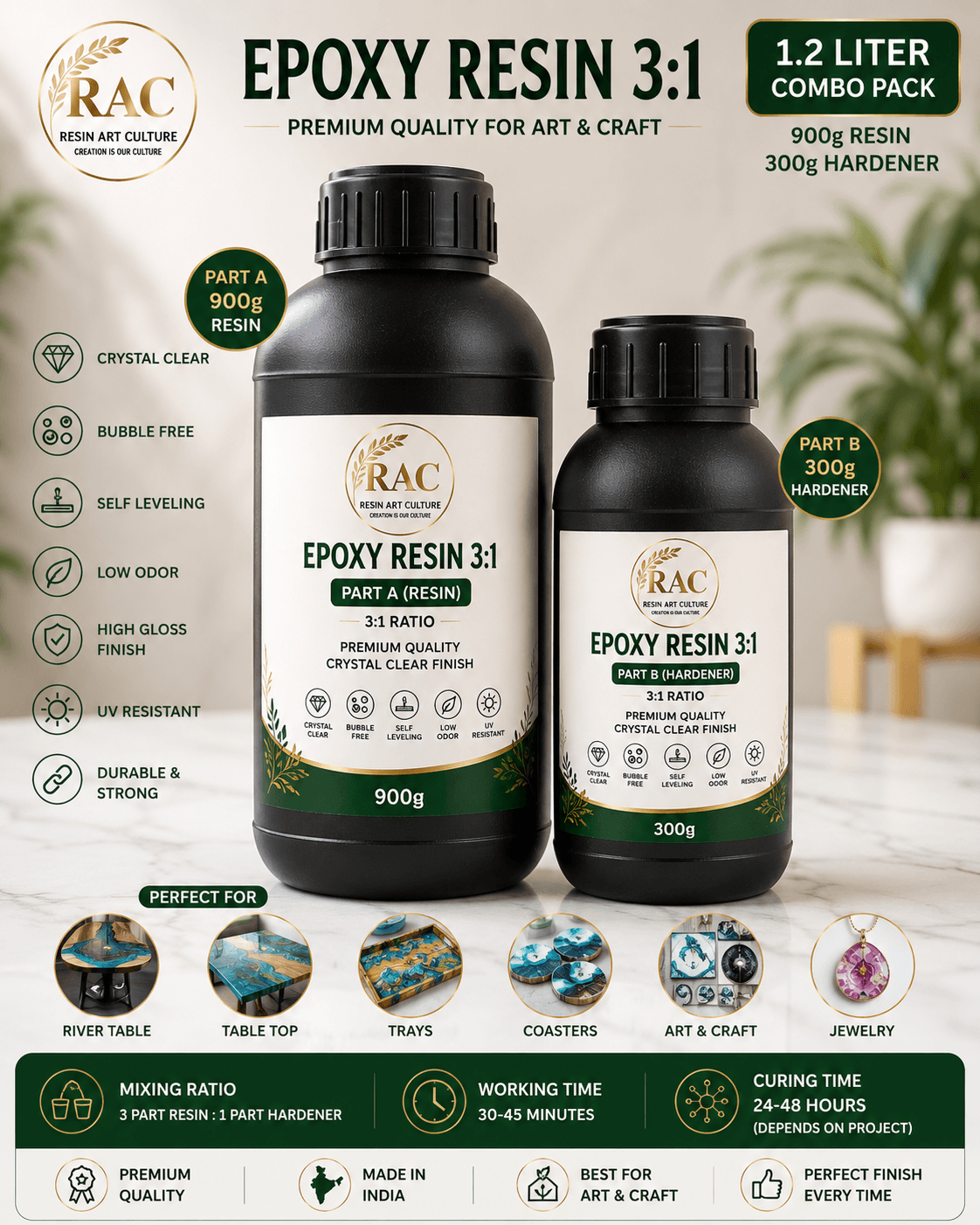Premium Epoxy Resin 3:1 1.2 Liter Combo Pack Crystal Clear Bubble Free Resin